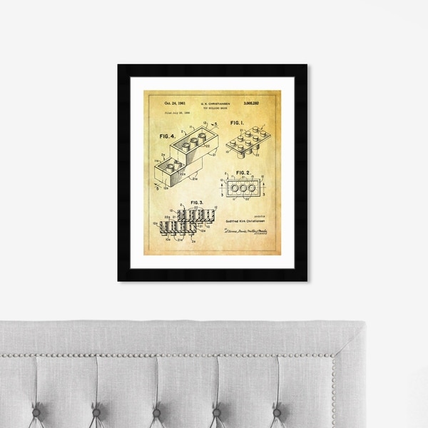 Oliver Gal 'Lego toy building brick, 1961' Entertainment and Hobbies Framed Blueprint Wall Art - Yellow, Black