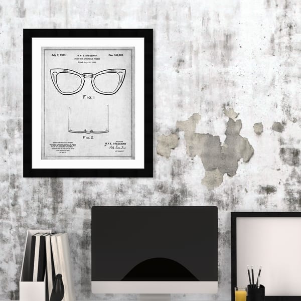 slide 1 of 7, Oliver Gal 'Ray-Ban Wayfarer SPECTACLE FRAMES 1953' Fashion and Glam Framed Blueprint Wall Art - Black, White 15 x 18 - Black