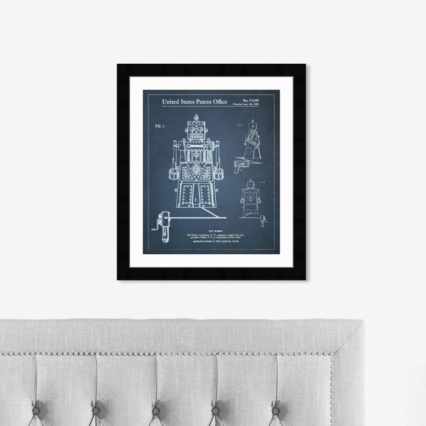 Oliver Gal 'Toy Robot Ideal Robert 1955' Entertainment and Hobbies Framed Blueprint Wall Art - Blue, White