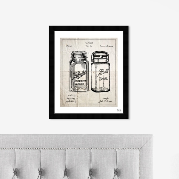 Oliver Gal 'Mason Jar - Adapted 1853' Food and Cuisine Framed Blueprint Wall Art - Black, White