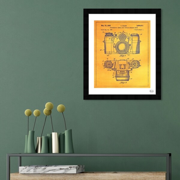 Oliver Gal 'Sauer Photographic Camera 1962' Entertainment and Hobbies Framed Blueprint Wall Art - Yellow, Black