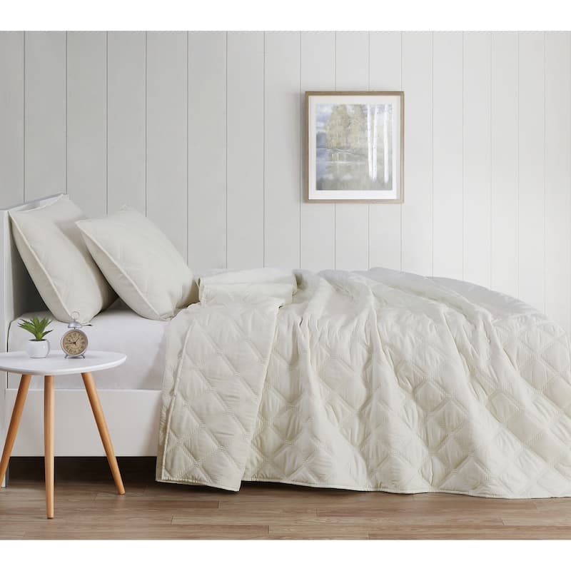 Porch & Den McKinney Diamond Puff Quilt Set - Ivory - Full - Queen
