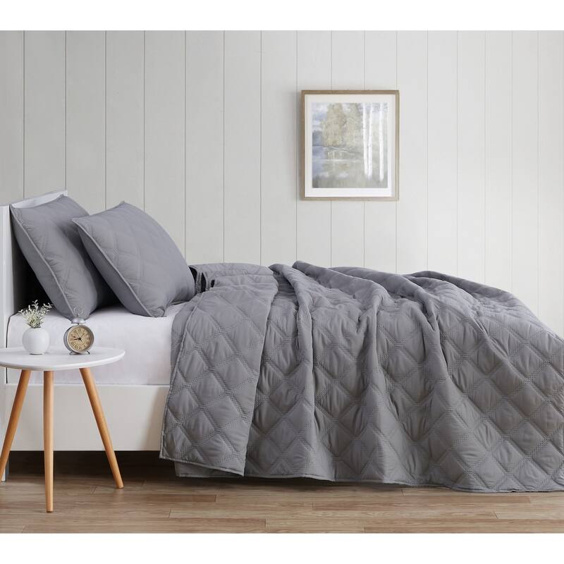 Porch & Den McKinney Diamond Puff Quilt Set - Grey - Twin - Twin XL