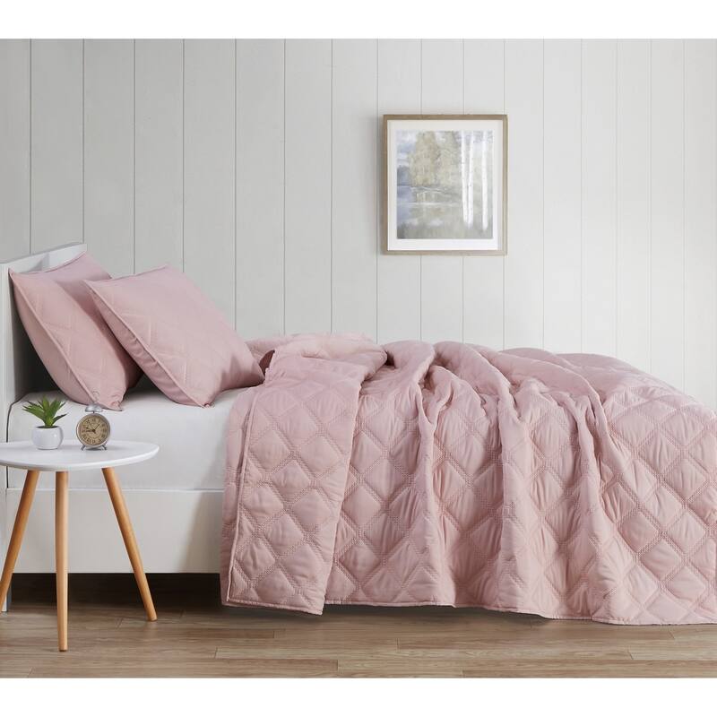 Porch & Den McKinney Diamond Puff Quilt Set - Blush - Full - Queen
