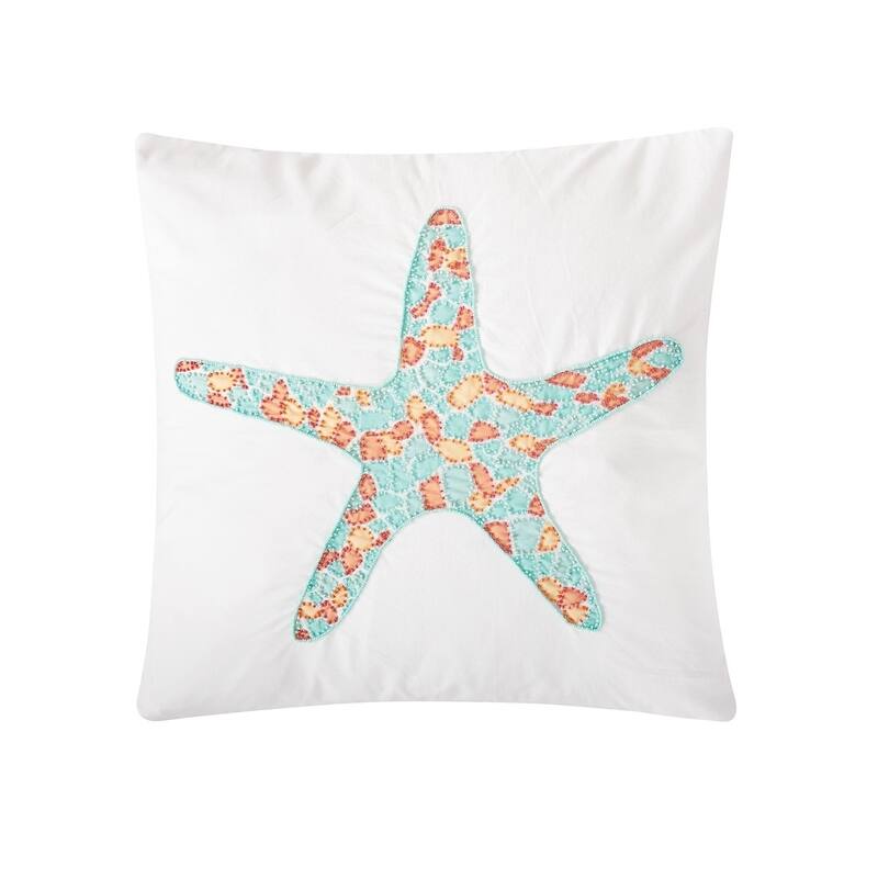 Grand Turks Coastal Embroidered 18 x 18 Pillow - Blue/Starfish/Red