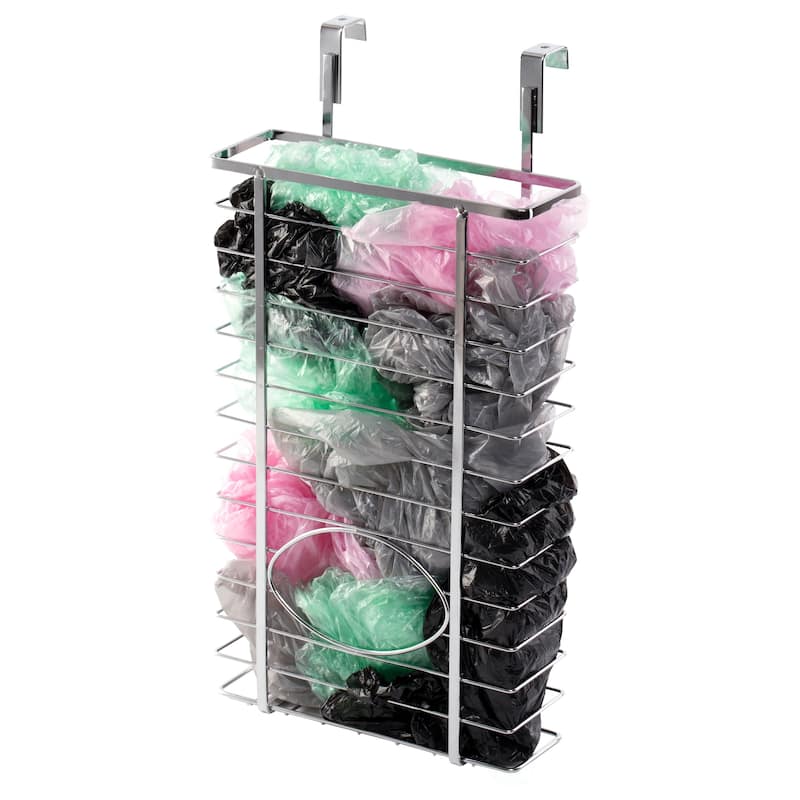 Chrome Metal Grocery Bag Holder – Multi-Functional Over-the-Cabinet and Over-the-Door Organizer for Maximizing Kitchen Storage - Silver