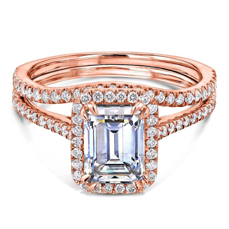 Annello by Kobelli 14k Gold 1.75ct Emerald Moissanite and 1/2ct TDW Lab Grown Diamond Halo Bridal Set