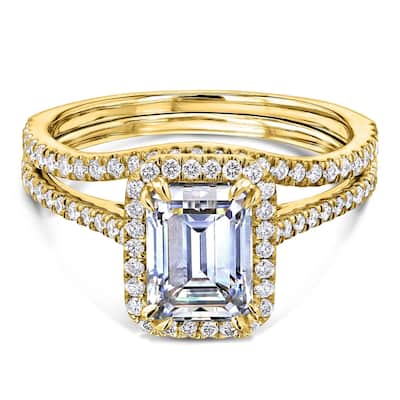 Annello by Kobelli 14k Gold 1.75ct Emerald Moissanite and 1/2ct TDW Lab Grown Diamond Halo Bridal Set