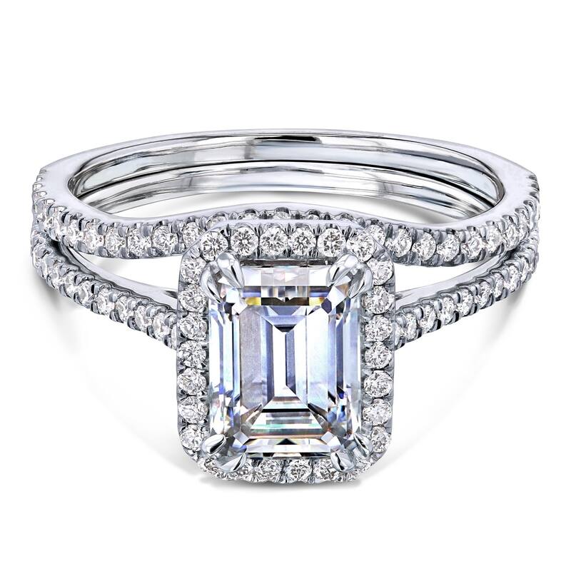 Annello by Kobelli 14k Gold 1.75ct Emerald Moissanite and 1/2ct TDW Lab Grown Diamond Halo Bridal Set