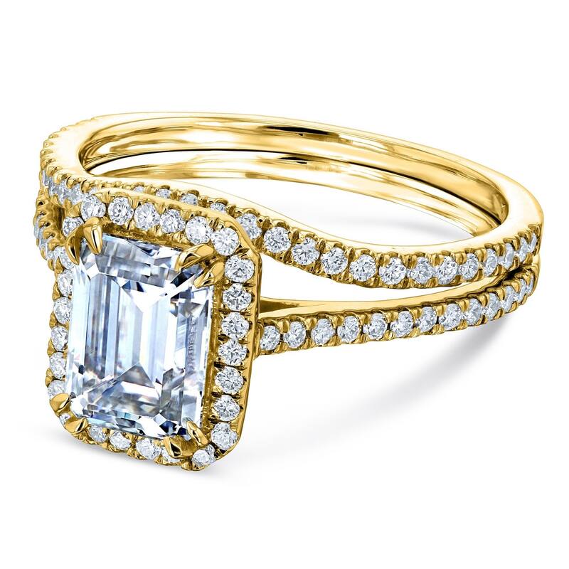 Annello by Kobelli 14k Gold 1.75ct Emerald Moissanite and 1/2ct TDW Lab Grown Diamond Halo Bridal Set - 4.5 - Yellow