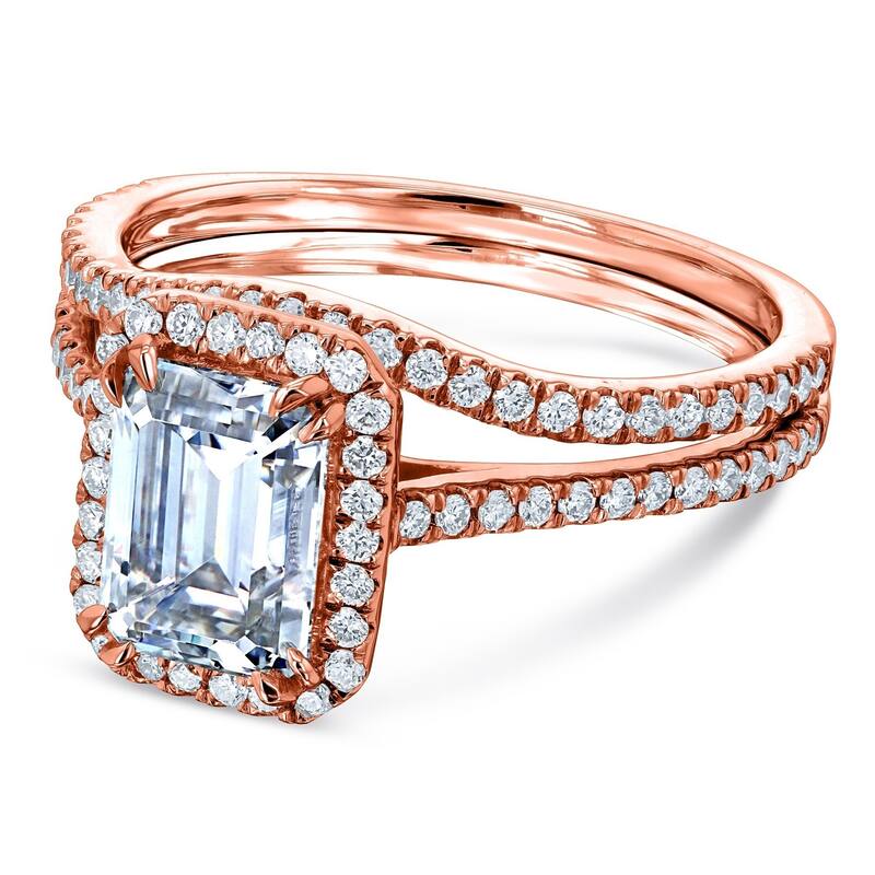 Annello by Kobelli 14k Gold 1.75ct Emerald Moissanite and 1/2ct TDW Lab Grown Diamond Halo Bridal Set - 6.5 - Rose