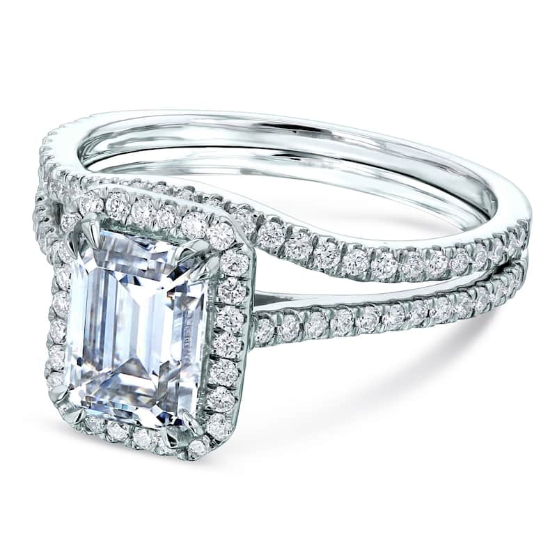 Annello by Kobelli 14k Gold 1.75ct Emerald Forever One Moissanite and 1/2ct TDW Lab Grown Diamond Halo Bridal Set (DEF/VS) - 6.5 - White
