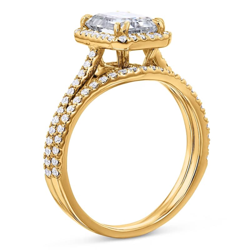 Annello by Kobelli 14k Gold 1.75ct Emerald Forever One Moissanite and 1/2ct TDW Lab Grown Diamond Halo Bridal Set (DEF/VS)