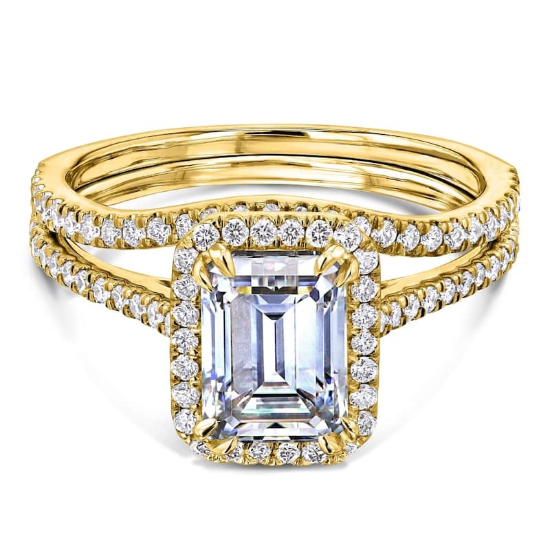 Annello by Kobelli 14k Gold 1.75ct Emerald Forever One Moissanite and 1/2ct TDW Lab Grown Diamond Halo Bridal Set (DEF/VS)