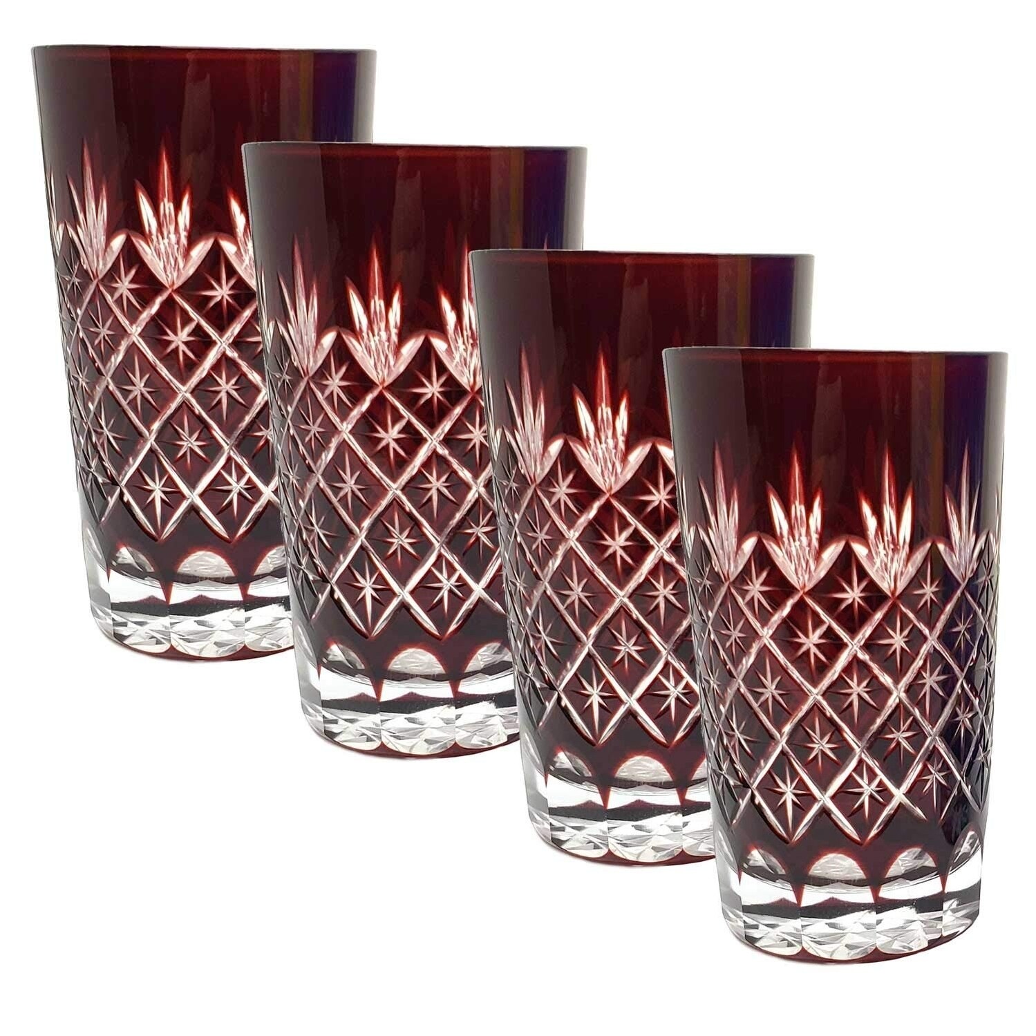 Set of 4 Exquisite Bohemian Crystal Style Cut Czech Drinking Rock Glasses Tumbler Set for Cocktails,Ruby Red