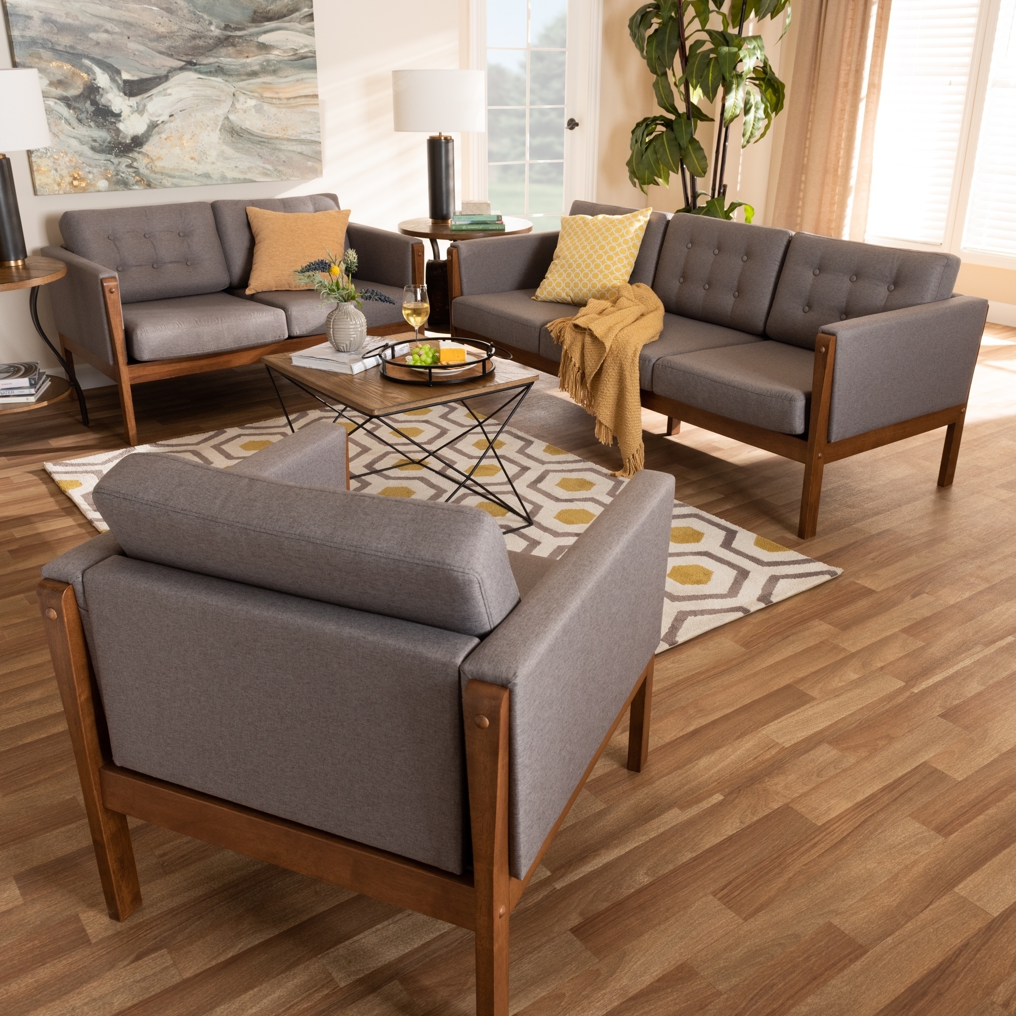 Lenne Mid Century Modern Upholstered 3 Piece Living Room Set Overstock 28756962