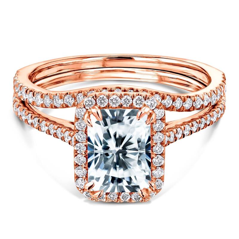 Annello by Kobelli 14k Gold 1.8ct Radiant Moissanite and 1/2ct TDW Lab Grown Diamond Halo Bridal Set - 5 - Rose