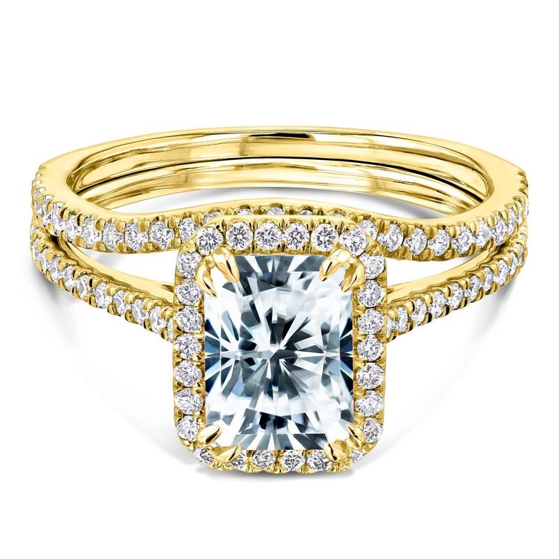 Annello by Kobelli 14k Gold 1.8ct Radiant Moissanite and 1/2ct TDW Lab Grown Diamond Halo Bridal Set - 6 - Yellow