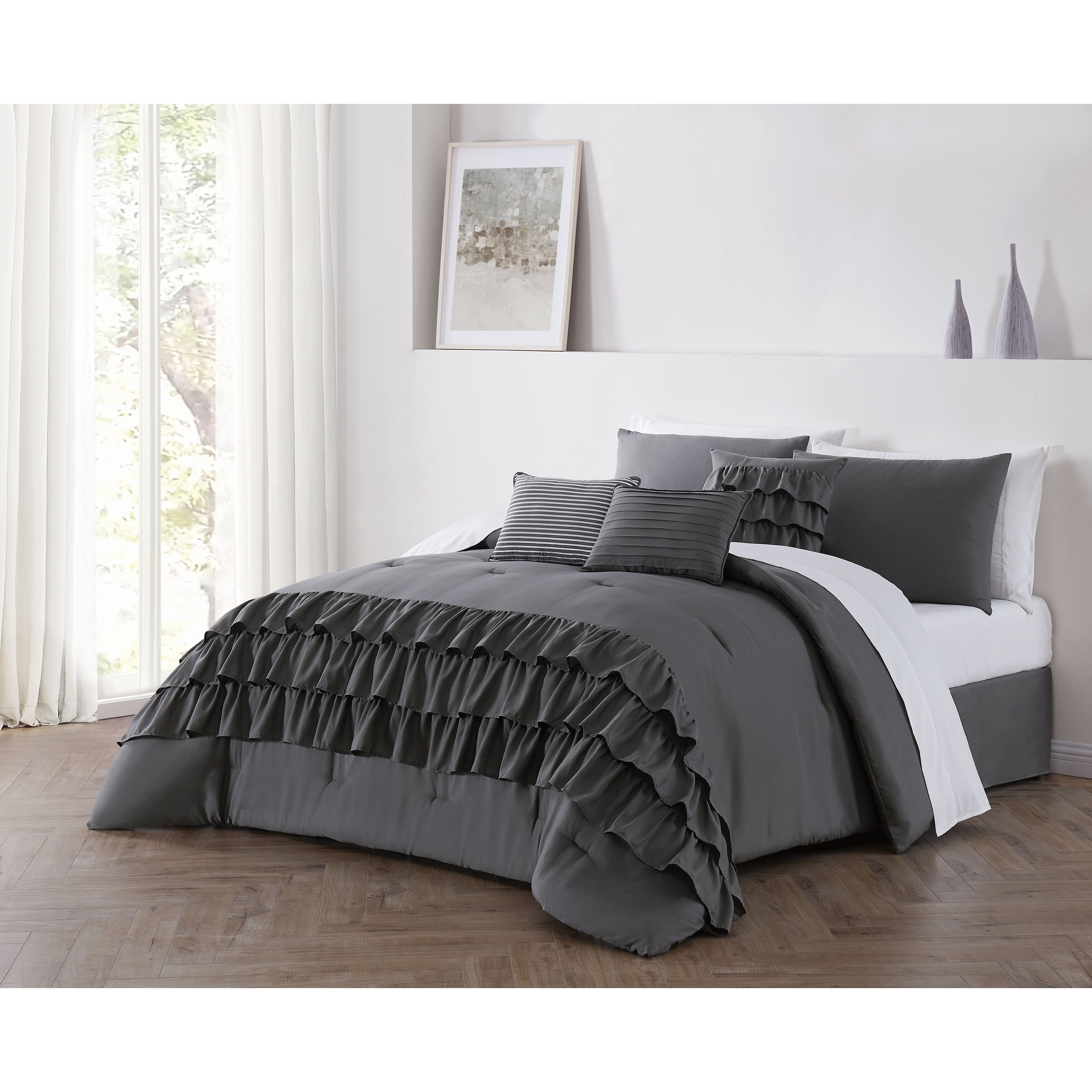 Shop Reese Solid Tiered Ruffle Comforter Set With Throw Pillows