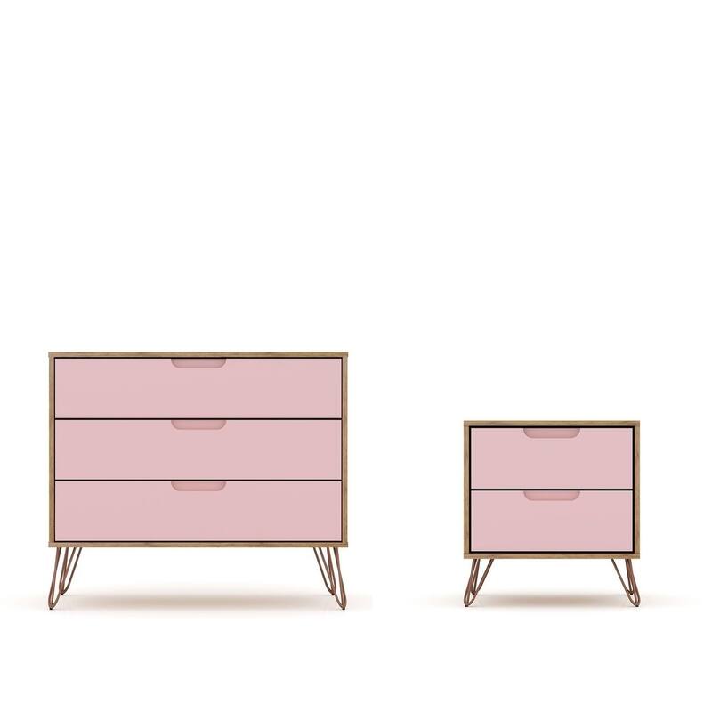 Bandene Mid Century Modern Dresser and Nightstand Set - Nature and Rose Pink
