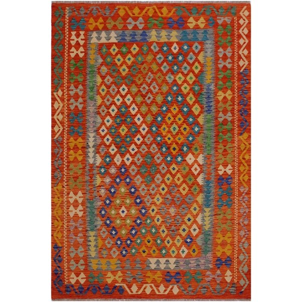 Almeta Rust/Green Hand-Woven Kilim Wool Rug - 4'10 x 6'7 - 4'10" x 6'7"