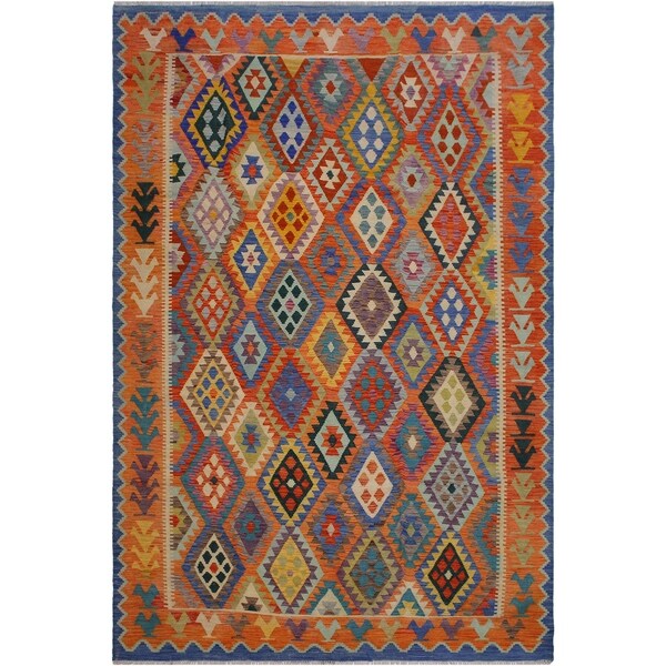 Fiora Blue/Orange Hand-Woven Kilim Wool Rug - 8'3 x 9'9 - 8'3" x 9'9"
