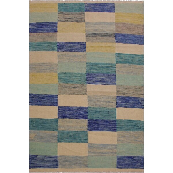 Shirley Ivory/Blue Hand-Woven Kilim Wool Rug - 5'5 x 7'10 - 5'5" x 7'10"