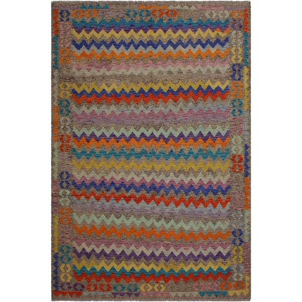 Alphonse Brown/Blue Hand-Woven Kilim Wool Rug - 6'6 x 9'10 - 6'6" x 9'10"