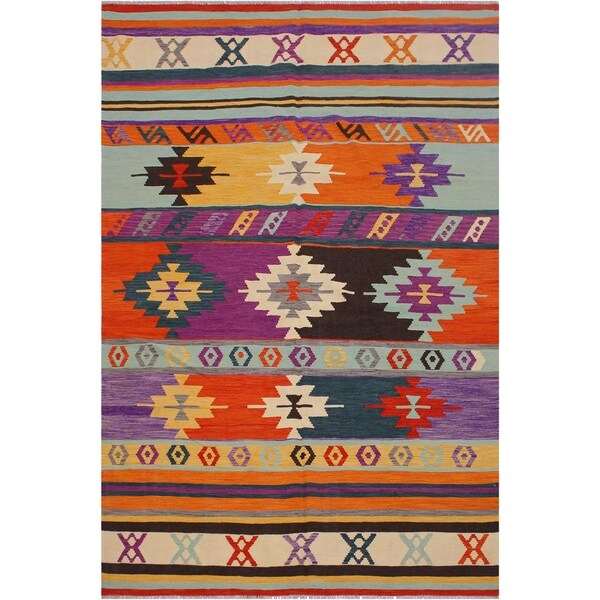 Domoniqu Beige/Rust Hand-Woven Kilim Wool Rug - 6'6 x 9'8 - 6'6" x 9'8"