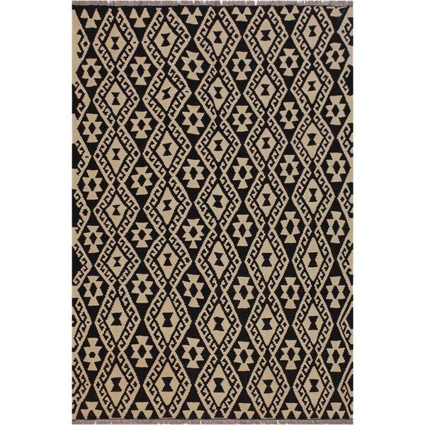 slide 1 of 7, Sims Black/Ivory Hand-Woven Kilim Wool Rug - 5'2 x 6'6 - 5'2" x 6'6" - 5'2" x 6'6"
