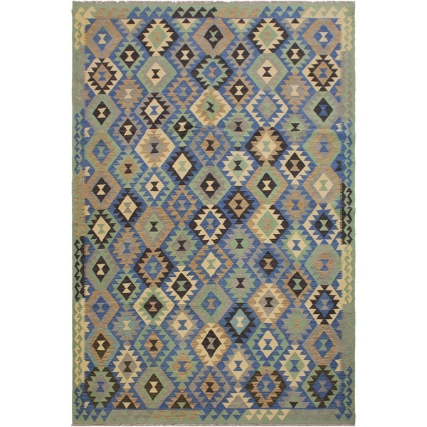 Carisa Lt. Green/Blue Hand-Woven Kilim Wool Rug - 7'0 x 9'9 - 7'0" x 9'9"