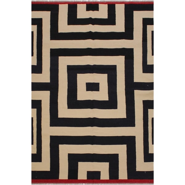 Sizemore Black/Ivory Hand-Woven Kilim Wool Rug - 5'9 x 8'3 - 5'9" x 8'3"