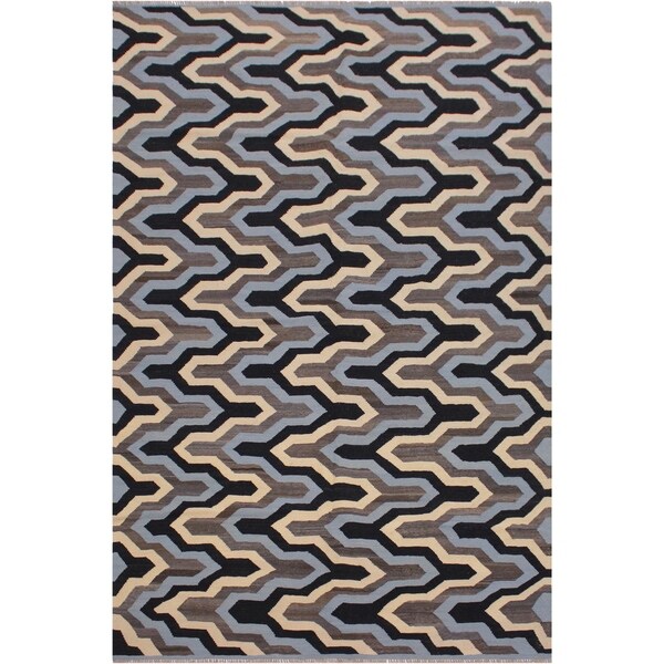 Sutherla Ivory/Blue Hand-Woven Kilim Wool Rug - 6'1 x 8'2 - 6'1" x 8'2"