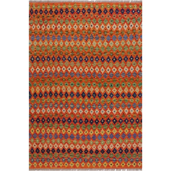 Sanchez Orange/Blue Hand-Woven Kilim Wool Rug - 5'2 x 6'7 - 5'2" x 6'7"