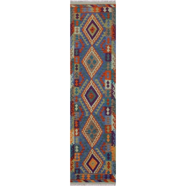 Iagan Blue/Purple Hand-Woven Kilim Wool Runner - 2'11 x 8'4 - 2'11" x 8'4"