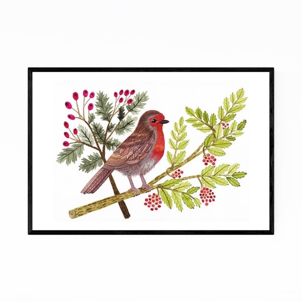 Noir Gallery Robin Bird Floral Botanical Framed Art Print