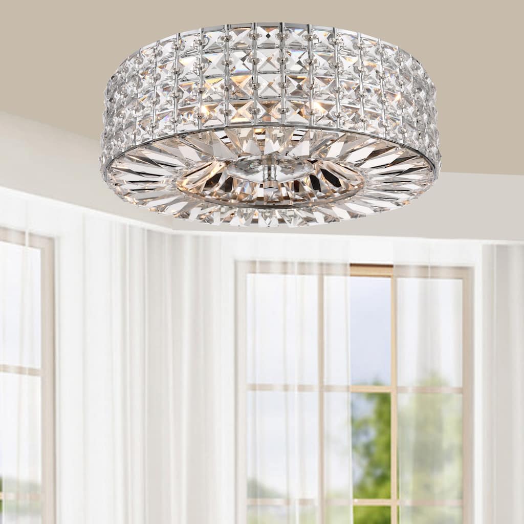 Jolie Chrome Finish 3-light Crystal and Prism Round Flush Mount