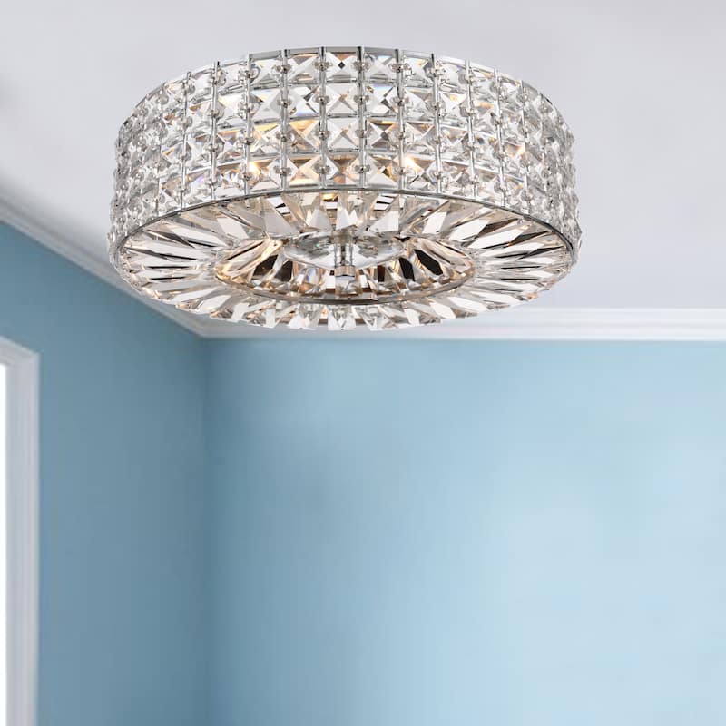 Jolie Chrome Finish 3-light Crystal and Prism Round Flush Mount