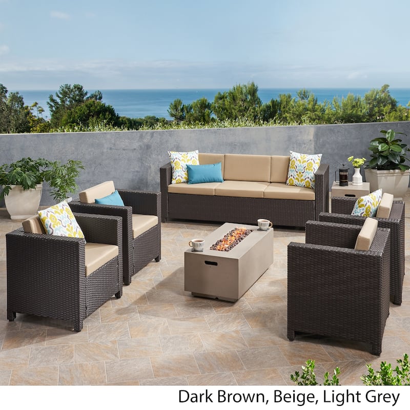 Hammersmith Outdoor 7 Seater Wicker Chat Set with Fire Pit by Christopher Knight Home