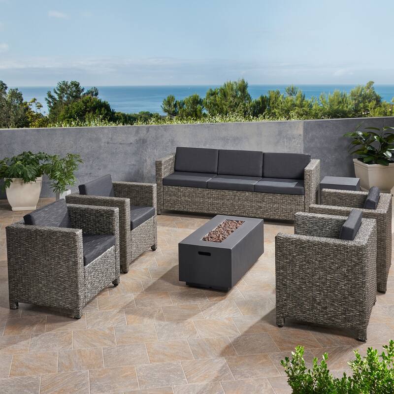 Hammersmith Outdoor 7 Seater Wicker Chat Set with Fire Pit by Christopher Knight Home - Mix Black+Dark Gray Cushion