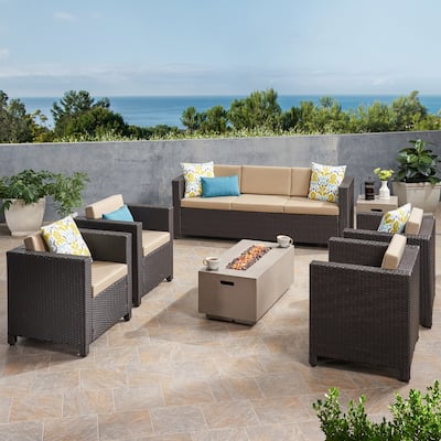 Hammersmith Outdoor 7 Seater Wicker Chat Set with Fire Pit by Christopher Knight Home