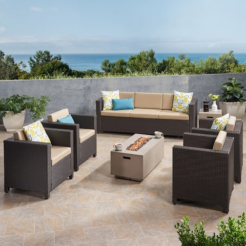 Hammersmith Outdoor 7 Seater Wicker Chat Set with Fire Pit by Christopher Knight Home