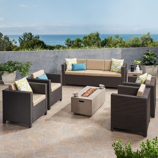 Hammersmith Outdoor 7 Seater Wicker Chat Set with Fire Pit by Christopher Knight Home