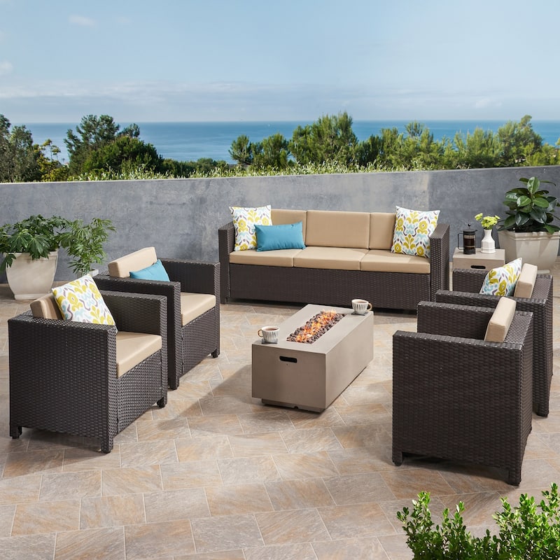 Hammersmith Outdoor 7 Seater Wicker Chat Set with Fire Pit by Christopher Knight Home