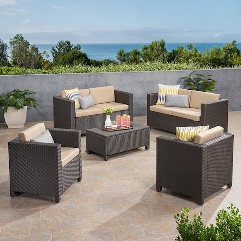 Puerta Outdoor 6 Seater Wicker Loveseat Chat Set with Cushions by Christopher Knight Home