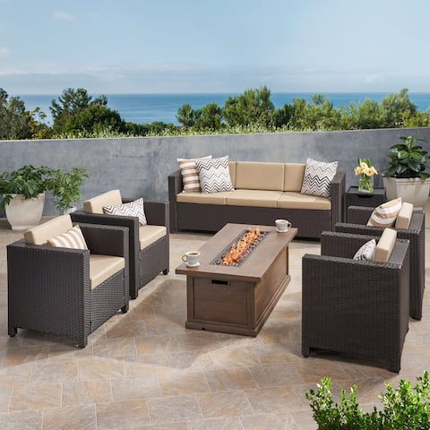 Gastman Outdoor 7 Seater Wicker Chat Set with Fire Pit by Christopher Knight Home