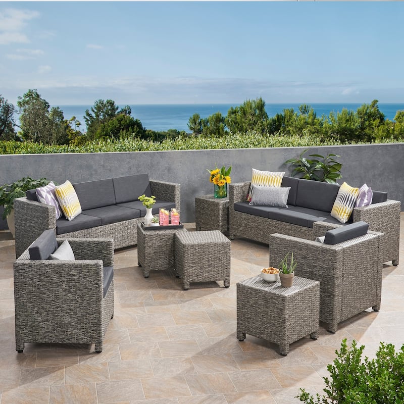 Puerta Outdoor 8 Seater Wicker Chat Set with Side Tables by Christopher Knight Home