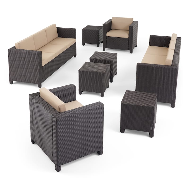 Puerta Outdoor 8 Seater Wicker Chat Set with Side Tables by Christopher Knight Home