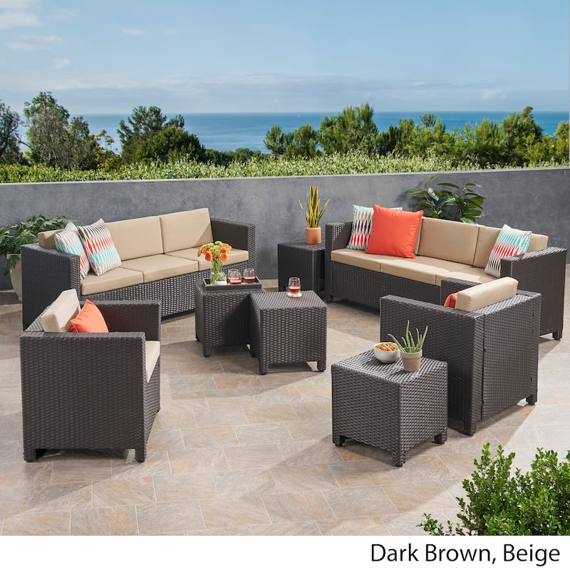 Puerta Outdoor 8 Seater Wicker Chat Set with Side Tables by Christopher Knight Home