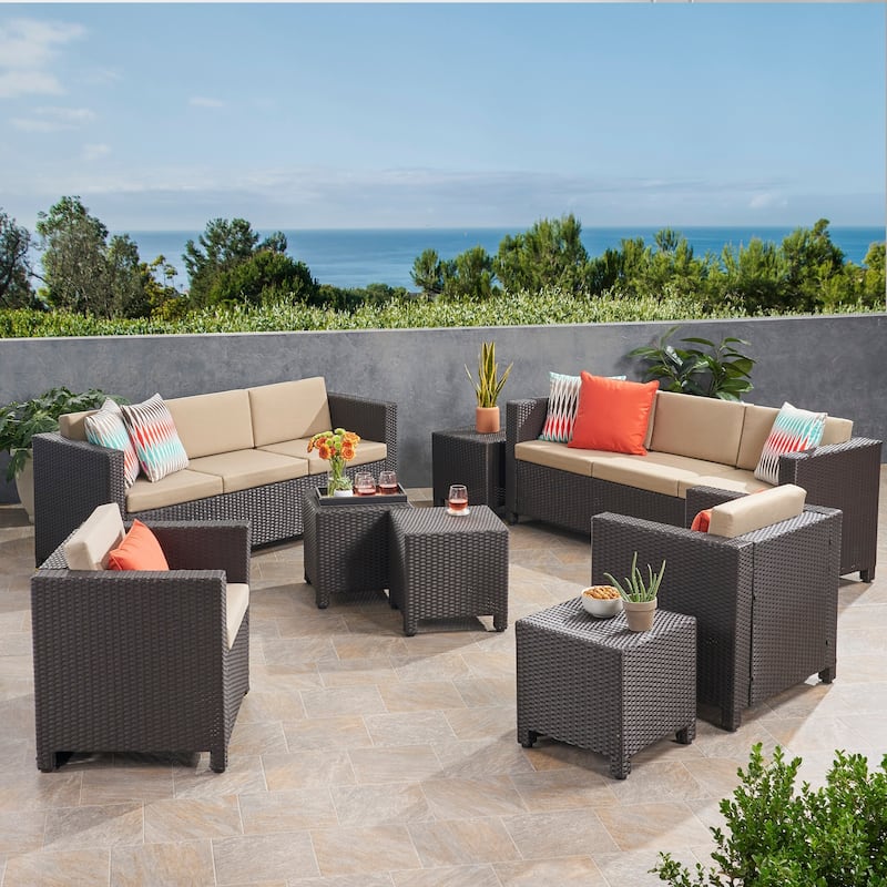 Puerta Outdoor 8 Seater Wicker Chat Set with Side Tables by Christopher Knight Home